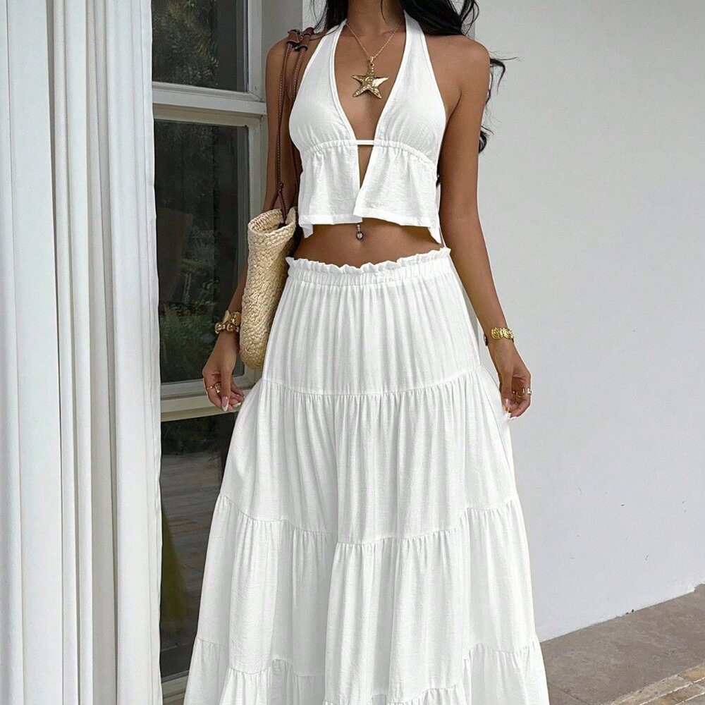 White Sexy Women's Deep V-Neck Halter Maxi Skirt Set